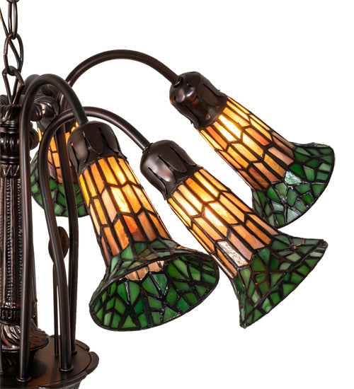 Meyda Lighting Stained Glass Pond Lily 24" 7-Light Mahogany Bronze Chandelier With Orange & Green Shade Glass