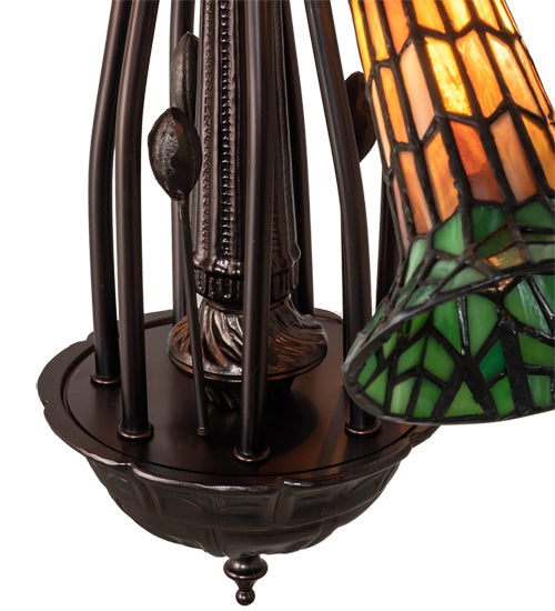 Meyda Lighting Stained Glass Pond Lily 24" 7-Light Mahogany Bronze Chandelier With Orange & Green Shade Glass