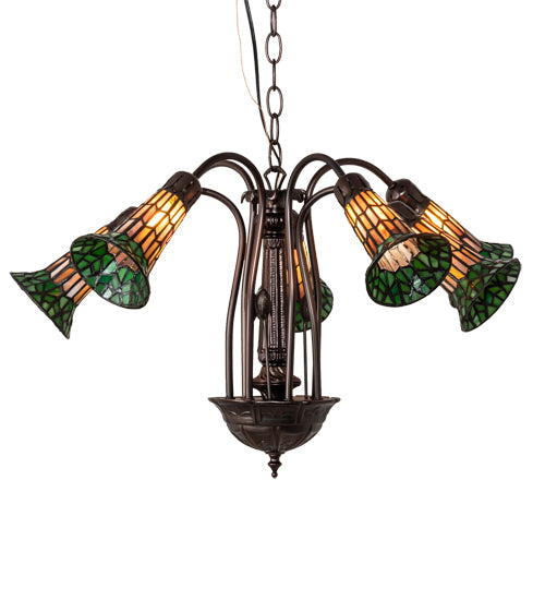 Meyda Lighting Stained Glass Pond Lily 24" 7-Light Mahogany Bronze Chandelier With Orange & Green Shade Glass