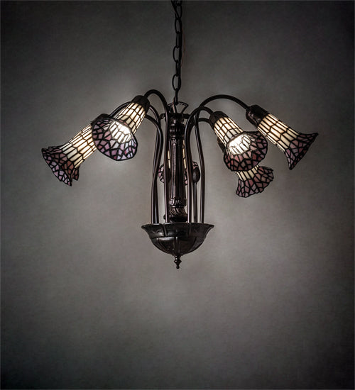 Meyda Lighting Stained Glass Pond Lily 24" 7-Light Mahogany Bronze Chandelier With Pink & White Shade Glass
