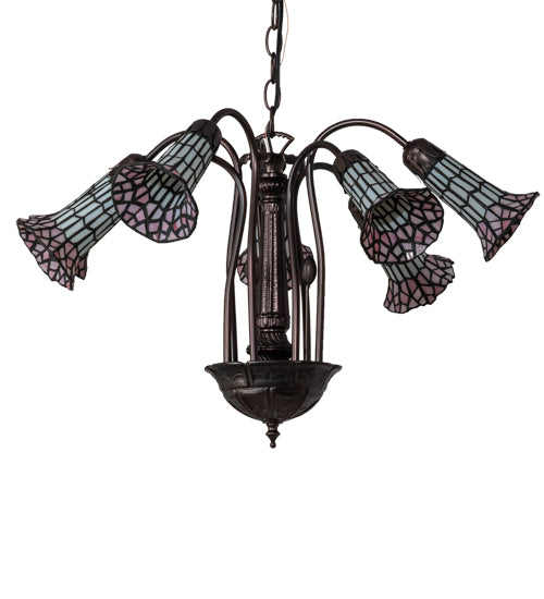Meyda Lighting Stained Glass Pond Lily 24" 7-Light Mahogany Bronze Chandelier With Pink & White Shade Glass