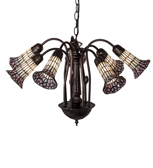 Meyda Lighting Stained Glass Pond Lily 24" 7-Light Mahogany Bronze Chandelier With Pink & White Shade Glass