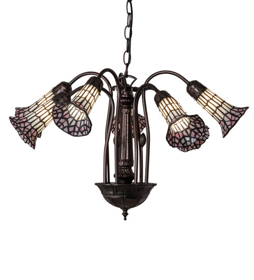 Meyda Lighting Stained Glass Pond Lily 24" 7-Light Mahogany Bronze Chandelier With Pink & White Shade Glass