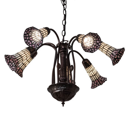 Meyda Lighting Stained Glass Pond Lily 24" 7-Light Mahogany Bronze Chandelier With Pink & White Shade Glass