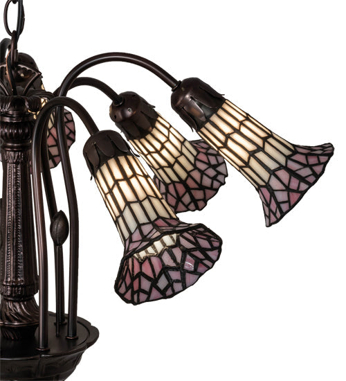 Meyda Lighting Stained Glass Pond Lily 24" 7-Light Mahogany Bronze Chandelier With Pink & White Shade Glass