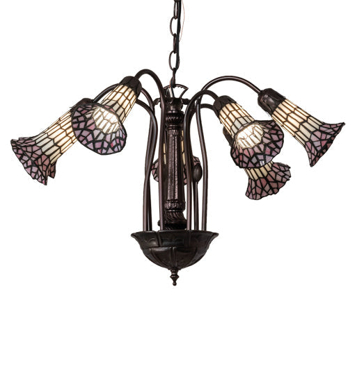 Meyda Lighting Stained Glass Pond Lily 24" 7-Light Mahogany Bronze Chandelier With Pink & White Shade Glass