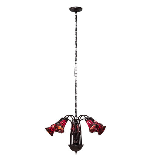 Meyda Lighting Stained Glass Pond Lily 24" 7-Light Mahogany Bronze Chandelier With Red Shade Glass