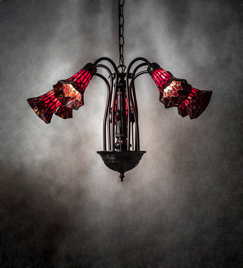 Meyda Lighting Stained Glass Pond Lily 24" 7-Light Mahogany Bronze Chandelier With Red Shade Glass