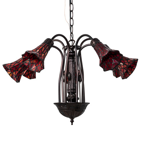 Meyda Lighting Stained Glass Pond Lily 24" 7-Light Mahogany Bronze Chandelier With Red Shade Glass