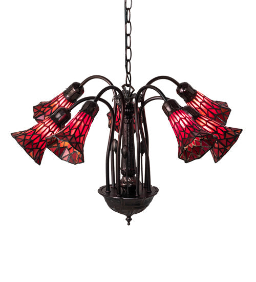 Meyda Lighting Stained Glass Pond Lily 24" 7-Light Mahogany Bronze Chandelier With Red Shade Glass