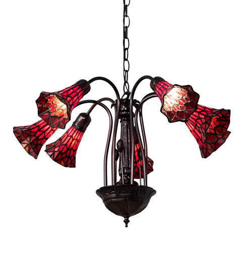Meyda Lighting Stained Glass Pond Lily 24" 7-Light Mahogany Bronze Chandelier With Red Shade Glass