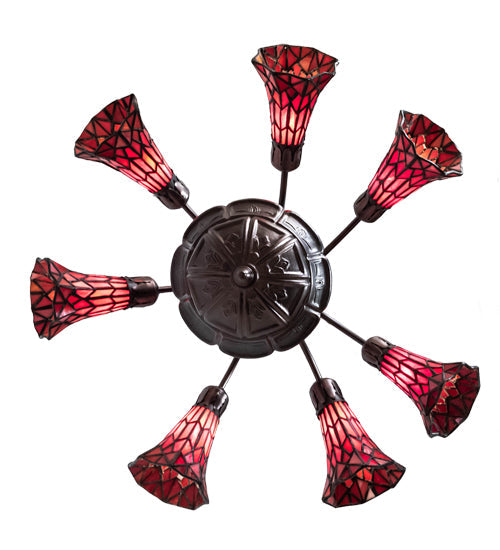 Meyda Lighting Stained Glass Pond Lily 24" 7-Light Mahogany Bronze Chandelier With Red Shade Glass