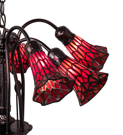 Meyda Lighting Stained Glass Pond Lily 24" 7-Light Mahogany Bronze Chandelier With Red Shade Glass