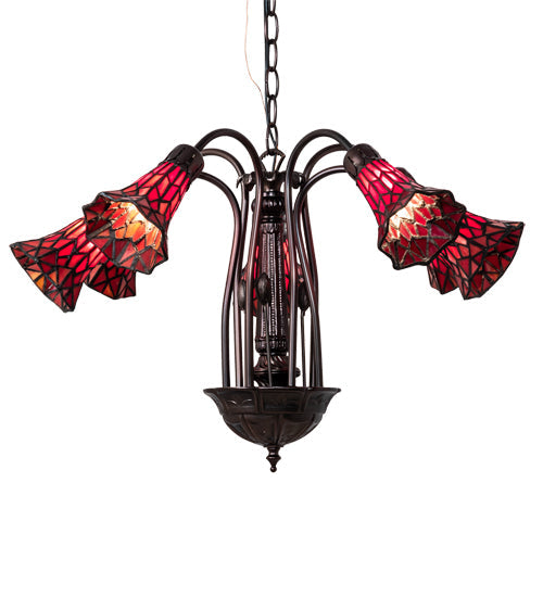Meyda Lighting Stained Glass Pond Lily 24" 7-Light Mahogany Bronze Chandelier With Red Shade Glass