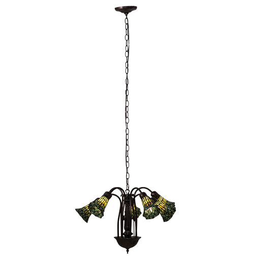 Meyda Lighting Stained Glass Pond Lily 24" 7-Light Mahogany Bronze Chandelier With Yellow & Green Shade Glass