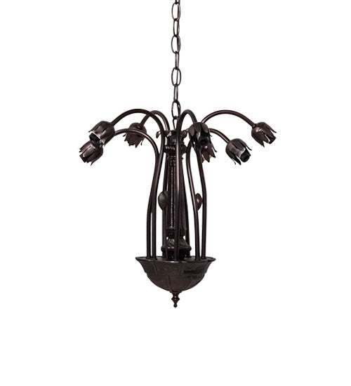 Meyda Lighting Stained Glass Pond Lily 24" 7-Light Mahogany Bronze Chandelier With Yellow & Green Shade Glass