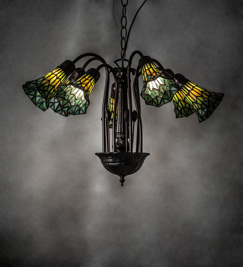 Meyda Lighting Stained Glass Pond Lily 24" 7-Light Mahogany Bronze Chandelier With Yellow & Green Shade Glass