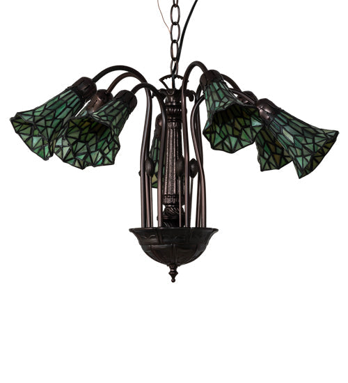 Meyda Lighting Stained Glass Pond Lily 24" 7-Light Mahogany Bronze Chandelier With Yellow & Green Shade Glass