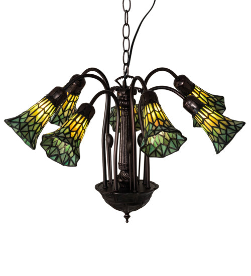 Meyda Lighting Stained Glass Pond Lily 24" 7-Light Mahogany Bronze Chandelier With Yellow & Green Shade Glass