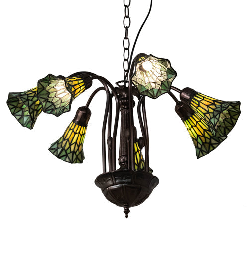Meyda Lighting Stained Glass Pond Lily 24" 7-Light Mahogany Bronze Chandelier With Yellow & Green Shade Glass