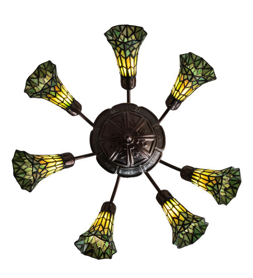 Meyda Lighting Stained Glass Pond Lily 24" 7-Light Mahogany Bronze Chandelier With Yellow & Green Shade Glass