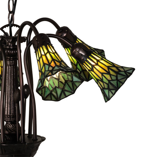 Meyda Lighting Stained Glass Pond Lily 24" 7-Light Mahogany Bronze Chandelier With Yellow & Green Shade Glass