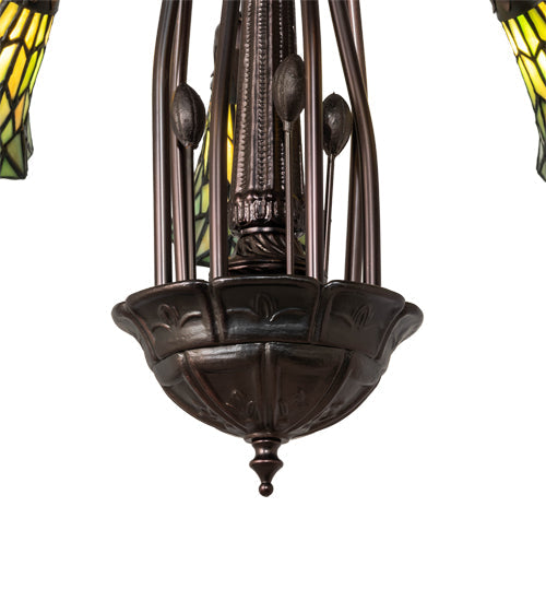 Meyda Lighting Stained Glass Pond Lily 24" 7-Light Mahogany Bronze Chandelier With Yellow & Green Shade Glass