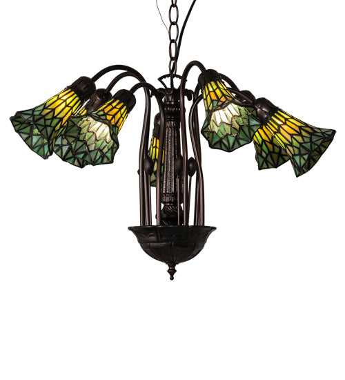 Meyda Lighting Stained Glass Pond Lily 24" 7-Light Mahogany Bronze Chandelier With Yellow & Green Shade Glass