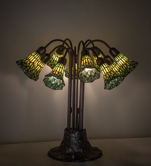 Meyda Lighting Stained Glass Pond Lily 25" 10-Light Mahogany Bronze Table Lamp With Green Shade Glass