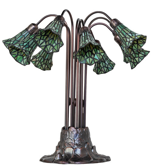 Meyda Lighting Stained Glass Pond Lily 25" 10-Light Mahogany Bronze Table Lamp With Green Shade Glass