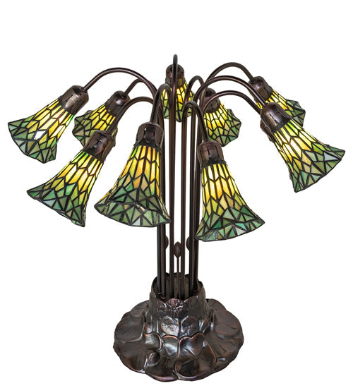 Meyda Lighting Stained Glass Pond Lily 25" 10-Light Mahogany Bronze Table Lamp With Green Shade Glass