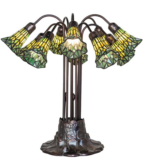 Meyda Lighting Stained Glass Pond Lily 25" 10-Light Mahogany Bronze Table Lamp With Green Shade Glass