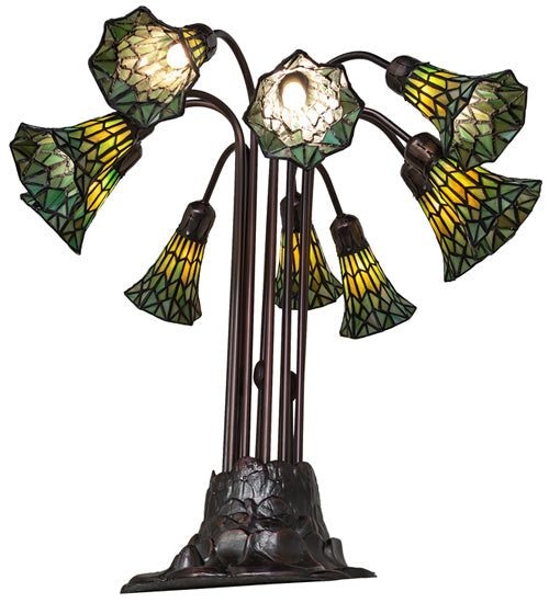 Meyda Lighting Stained Glass Pond Lily 25" 10-Light Mahogany Bronze Table Lamp With Green Shade Glass