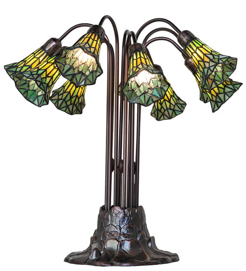 Meyda Lighting Stained Glass Pond Lily 25" 10-Light Mahogany Bronze Table Lamp With Green Shade Glass