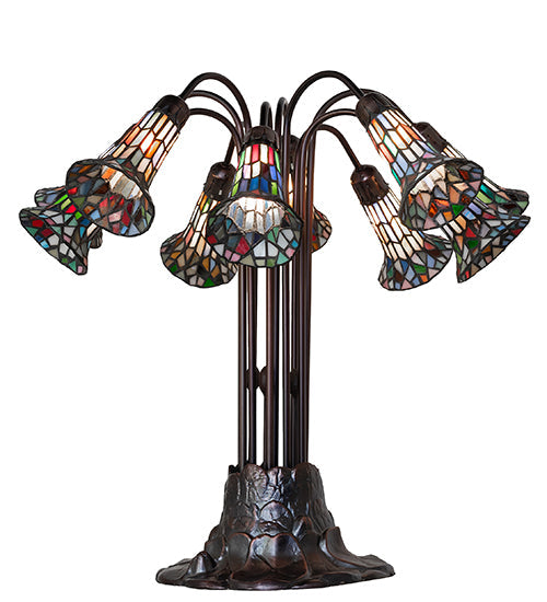 Meyda Lighting Stained Glass Pond Lily 25" 10-Light Mahogany Bronze Table Lamp With Multi-Colored Shade Glass