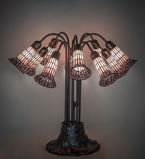 Meyda Lighting Stained Glass Pond Lily 25" 10-Light Mahogany Bronze Table Lamp With Pink Shade Glass