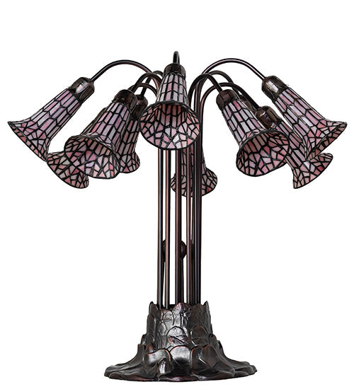 Meyda Lighting Stained Glass Pond Lily 25" 10-Light Mahogany Bronze Table Lamp With Pink Shade Glass