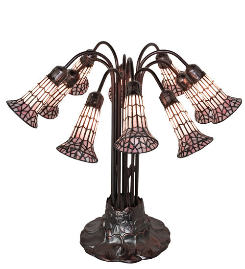 Meyda Lighting Stained Glass Pond Lily 25" 10-Light Mahogany Bronze Table Lamp With Pink Shade Glass
