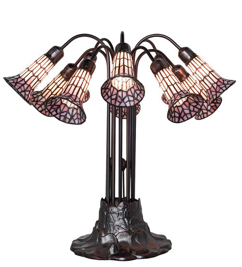 Meyda Lighting Stained Glass Pond Lily 25" 10-Light Mahogany Bronze Table Lamp With Pink Shade Glass