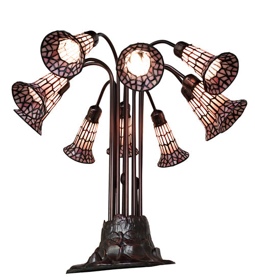 Meyda Lighting Stained Glass Pond Lily 25" 10-Light Mahogany Bronze Table Lamp With Pink Shade Glass