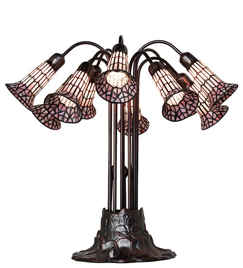 Meyda Lighting Stained Glass Pond Lily 25" 10-Light Mahogany Bronze Table Lamp With Pink Shade Glass