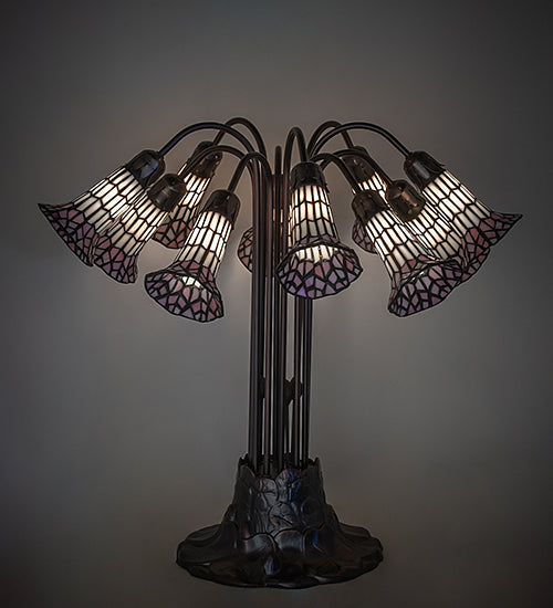 Meyda Lighting Stained Glass Pond Lily 25" 10-Light Mahogany Bronze Table Lamp With Pink & White Shade Glass