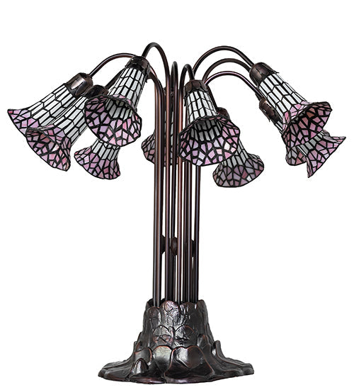 Meyda Lighting Stained Glass Pond Lily 25" 10-Light Mahogany Bronze Table Lamp With Pink & White Shade Glass