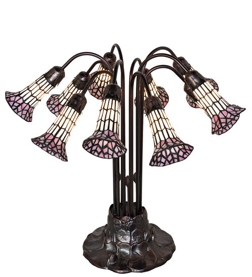 Meyda Lighting Stained Glass Pond Lily 25" 10-Light Mahogany Bronze Table Lamp With Pink & White Shade Glass