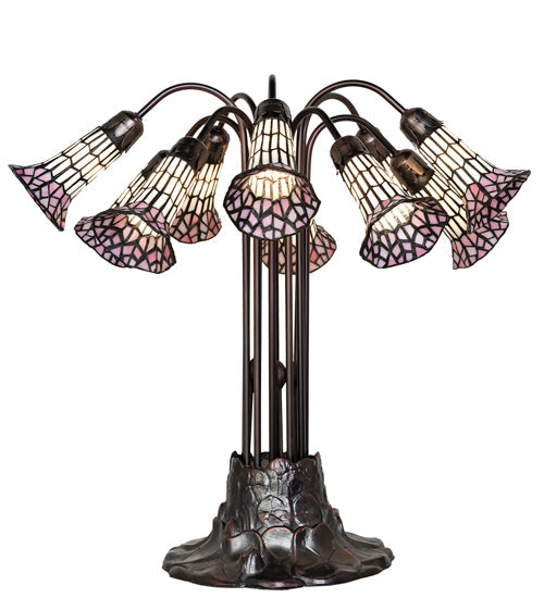 Meyda Lighting Stained Glass Pond Lily 25" 10-Light Mahogany Bronze Table Lamp With Pink & White Shade Glass