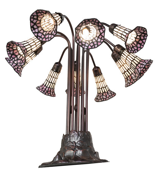 Meyda Lighting Stained Glass Pond Lily 25" 10-Light Mahogany Bronze Table Lamp With Pink & White Shade Glass