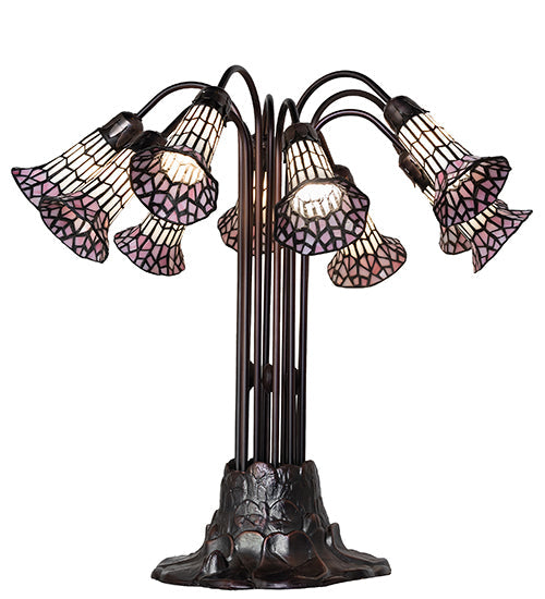 Meyda Lighting Stained Glass Pond Lily 25" 10-Light Mahogany Bronze Table Lamp With Pink & White Shade Glass