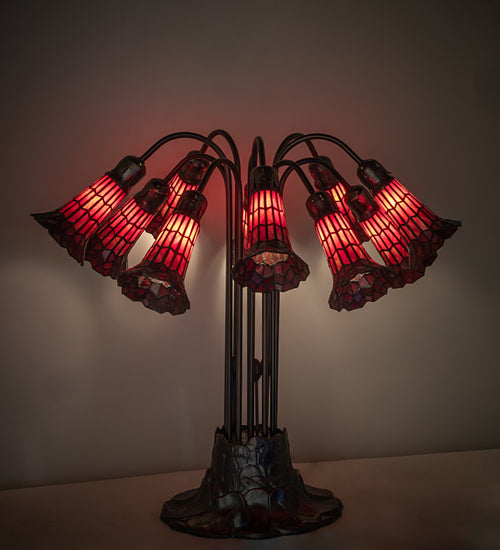 Meyda Lighting Stained Glass Pond Lily 25" 10-Light Mahogany Bronze Table Lamp With Red Shade Glass