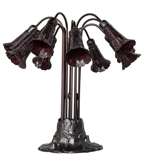 Meyda Lighting Stained Glass Pond Lily 25" 10-Light Mahogany Bronze Table Lamp With Red Shade Glass