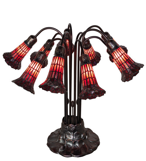Meyda Lighting Stained Glass Pond Lily 25" 10-Light Mahogany Bronze Table Lamp With Red Shade Glass